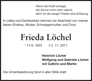 Traueranzeige von Frieda Löchel von Darmstädter Echo, Odenwälder Echo, Rüsselsheimer Echo, Groß-Gerauer-Echo, Ried Echo