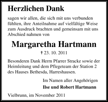Traueranzeige von Margaretha Hartmann von Odenwälder Echo
