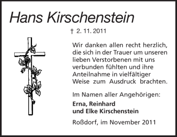 Traueranzeige von Hans Kirschenstein von Darmstädter Echo, Odenwälder Echo, Rüsselsheimer Echo, Groß-Gerauer-Echo, Ried Echo