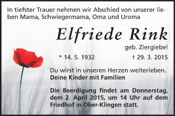 Traueranzeige von Elfriede Rink von Echo-Zeitungen (Gesamtausgabe)