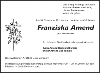 Traueranzeige von Frankziska Amend von Echo-Zeitungen (Gesamtausgabe)