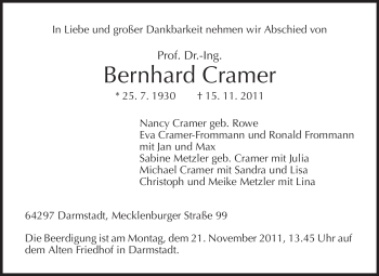Traueranzeige von Berhard Cramer von Echo-Zeitungen (Gesamtausgabe)