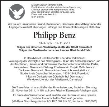 Traueranzeige von Philipp Benz von Echo-Zeitungen (Gesamtausgabe)