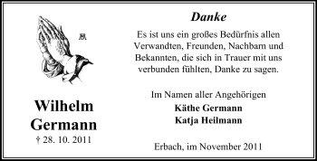 Traueranzeige von Wilhelm Germann von Odenwälder Echo