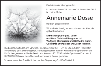 Traueranzeige von Annemarie Dosse von Echo-Zeitungen (Gesamtausgabe)