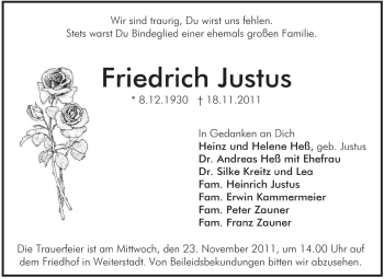 Traueranzeige von Friedrich Justus von Echo-Zeitungen (Gesamtausgabe)