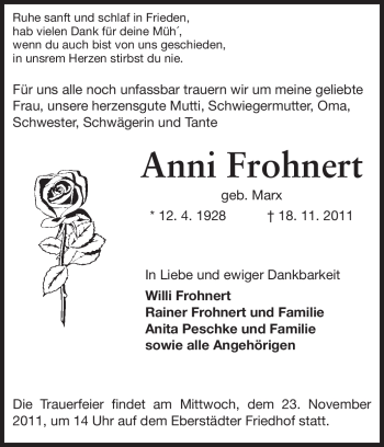 Traueranzeige von Anni Frohnert von Echo-Zeitungen (Gesamtausgabe)