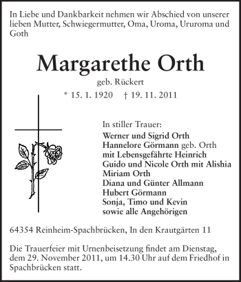 Traueranzeige von Margarethe Orth von Darmstädter Echo, Odenwälder Echo, Rüsselsheimer Echo, Groß-Gerauer-Echo, Ried Echo