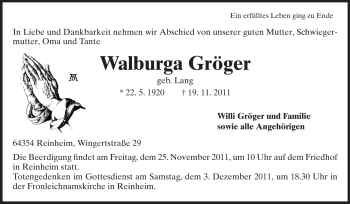 Traueranzeige von Walburga Gröger von Darmstädter Echo, Odenwälder Echo, Rüsselsheimer Echo, Groß-Gerauer-Echo, Ried Echo
