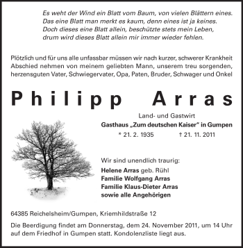 Traueranzeige von Philipp Arras von Echo-Zeitungen (Gesamtausgabe)