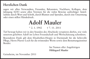 Traueranzeige von Adolf Mauler von Rüsselsheimer Echo, Groß-Gerauer-Echo, Ried Echo
