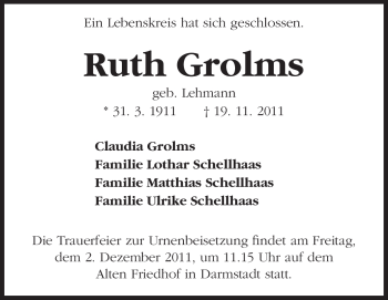 Traueranzeige von Ruth Grolms von Darmstädter Echo, Odenwälder Echo, Rüsselsheimer Echo, Groß-Gerauer-Echo, Ried Echo
