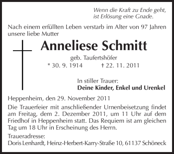 Traueranzeige von Anneliese Schmitt von Starkenburger Echo