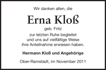 Traueranzeige von Erna Kloß von Darmstädter Echo, Odenwälder Echo, Rüsselsheimer Echo, Groß-Gerauer-Echo, Ried Echo