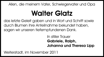 Traueranzeige von Walter Glatz von Echo-Zeitungen (Gesamtausgabe)