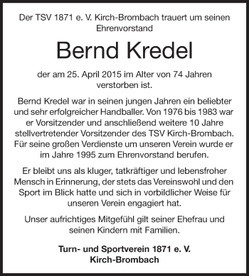 Traueranzeige von Bernd Kredel von Odenwälder Echo