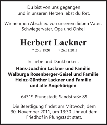 Traueranzeige von Herbert Lackner von Echo-Zeitungen (Gesamtausgabe)