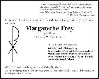 Traueranzeige von Margarethe Frey von Echo-Zeitungen (Gesamtausgabe)