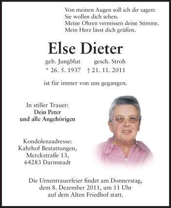 Traueranzeige von Else Dieter von Echo-Zeitungen (Gesamtausgabe)