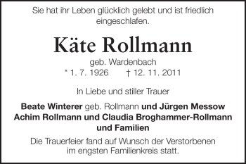 Traueranzeige von Käthe Rollmann von Rüsselsheimer Echo, Groß-Gerauer-Echo, Ried Echo