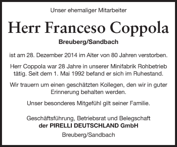 Traueranzeige von Franceso Coppola von Odenwälder Echo