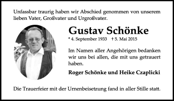 Traueranzeige von Gustav Schönke von Rüsselsheimer Echo, Groß-Gerauer-Echo, Ried Echo