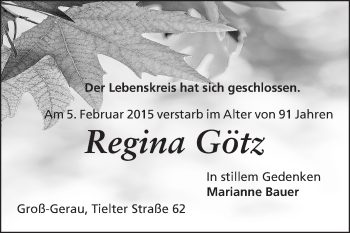Traueranzeige von Regina Götz von Echo-Zeitungen (Gesamtausgabe)