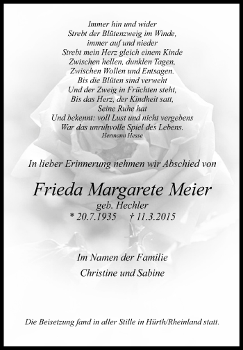 Traueranzeige von Frieda Margarete Meier von Echo-Zeitungen (Gesamtausgabe)