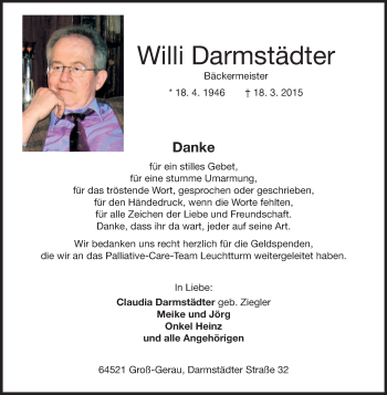Traueranzeige von Willi Darmstädter von Rüsselsheimer Echo, Groß-Gerauer-Echo, Ried Echo