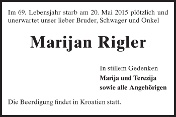 Traueranzeige von Marijan Rigler von Echo-Zeitungen (Gesamtausgabe)
