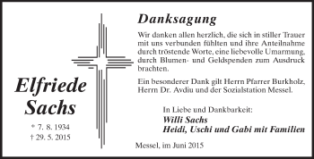 Traueranzeige von Elfriede Sachs von Echo-Zeitungen (Gesamtausgabe)