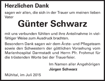 Traueranzeige von Günter Schwarz von Echo-Zeitungen (Gesamtausgabe)
