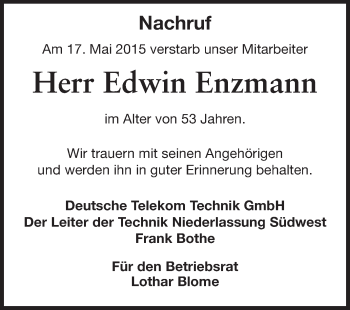 Traueranzeige von Edwin Enzmann von Echo-Zeitungen (Gesamtausgabe)