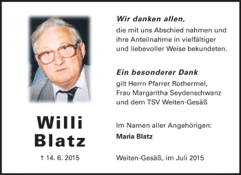 Traueranzeige von Willi Blatz von Odenwälder Echo