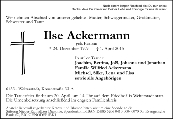 Traueranzeige von Ilse Ackermann von Echo-Zeitungen (Gesamtausgabe)
