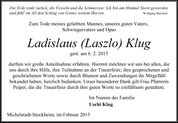 Traueranzeige von Ladislaus Laszlo Klug von Odenwälder Echo