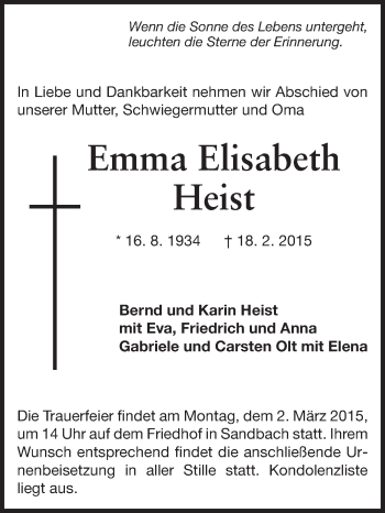 Traueranzeige von Emma Elisabeth Heist von Odenwälder Echo