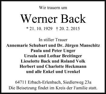 Traueranzeige von Werner Back von Odenwälder Echo