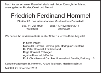 Traueranzeige von Friedrich Ferdinand Hommel von Echo-Zeitungen (Gesamtausgabe)