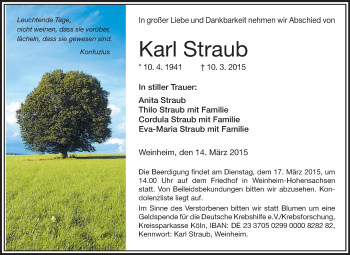 Traueranzeige von Karl Straub von Odenwälder Echo