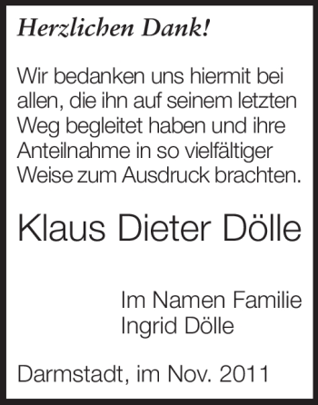 Traueranzeige von Klaus Dieter Dölle von Darmstädter Echo, Odenwälder Echo, Rüsselsheimer Echo, Groß-Gerauer-Echo, Ried Echo