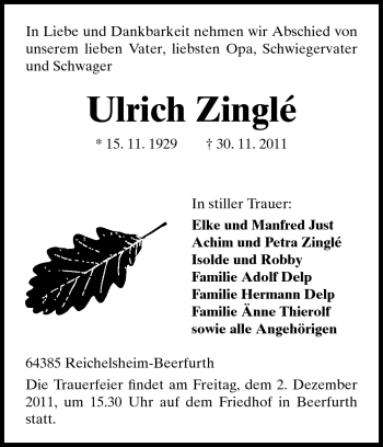 Traueranzeige von Ulrich Zinglé von Odenwälder Echo