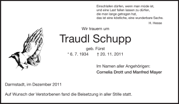 Traueranzeige von Traudl Schupp von Echo-Zeitungen (Gesamtausgabe)