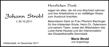 Traueranzeige von Johann Strobl von Echo-Zeitungen (Gesamtausgabe)
