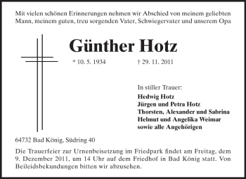 Traueranzeige von Günther Hotz von Echo-Zeitungen (Gesamtausgabe)