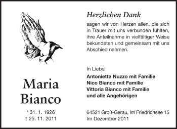 Traueranzeige von Maria Bianco von Rüsselsheimer Echo, Groß-Gerauer-Echo, Ried Echo
