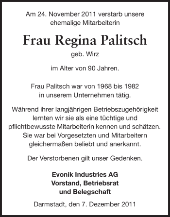 Traueranzeige von Regina Palitsch von Echo-Zeitungen (Gesamtausgabe)