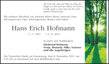 Traueranzeige von Hans Erich Hofmann von Darmstädter Echo, Odenwälder Echo, Rüsselsheimer Echo, Groß-Gerauer-Echo, Ried Echo