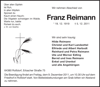 Traueranzeige von Franz Reimann von Darmstädter Echo, Odenwälder Echo, Rüsselsheimer Echo, Groß-Gerauer-Echo, Ried Echo
