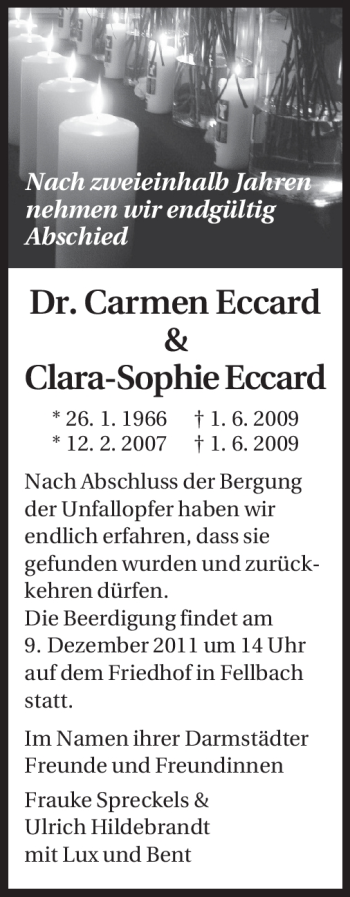 Traueranzeige von Carmen und Clara-Sophie Eccard von Echo-Zeitungen (Gesamtausgabe)
